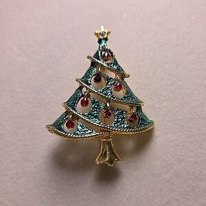 Goldtone Christmas Tree Rhinestone Brooch
